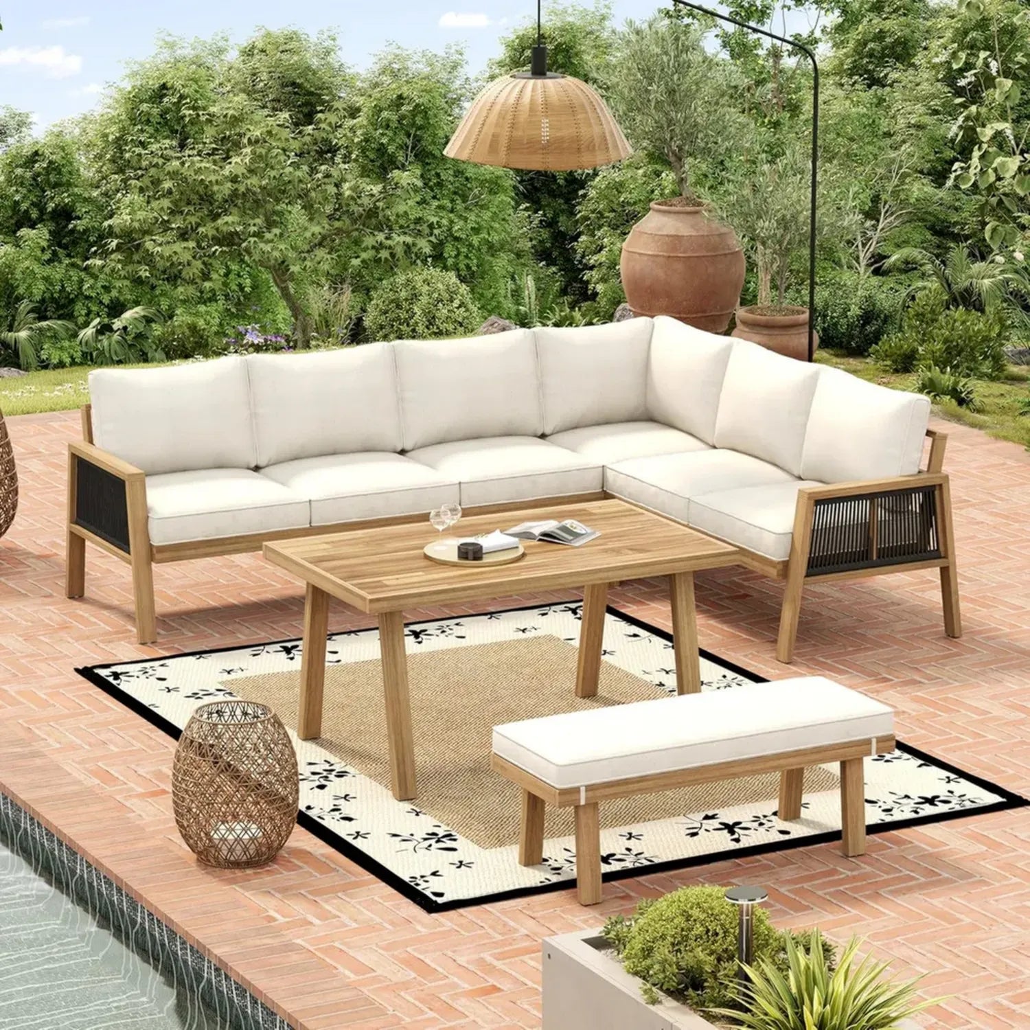 Merax Akazienholz Gartenlounge-Set, Ecksofa mit Couchtisch, Outdoor-Möbel für Terrasse und Balkon, Natur Creme