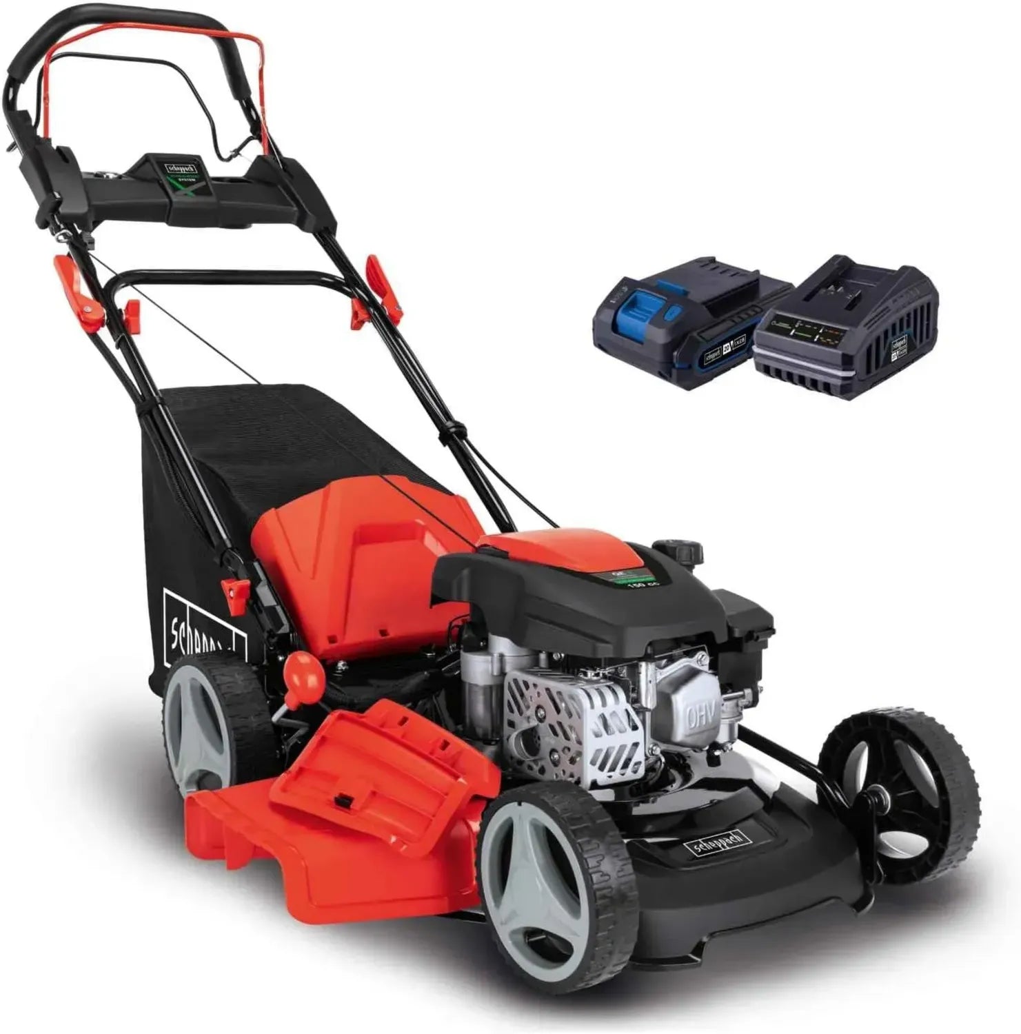 Scheppach Benzin Rasenmäher 46cm mit E-Start, Mulch- und Seitenauswurf, 55L Fangkorb
